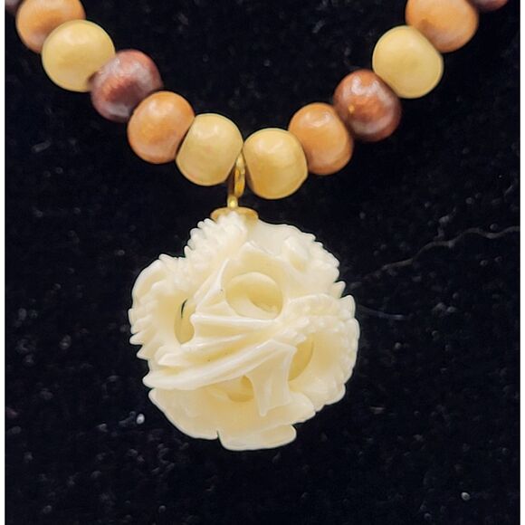 Bovine Bohemian Carved Pendant Ball inside a Ball Wooden Beads 17in - Picture 2 of 5